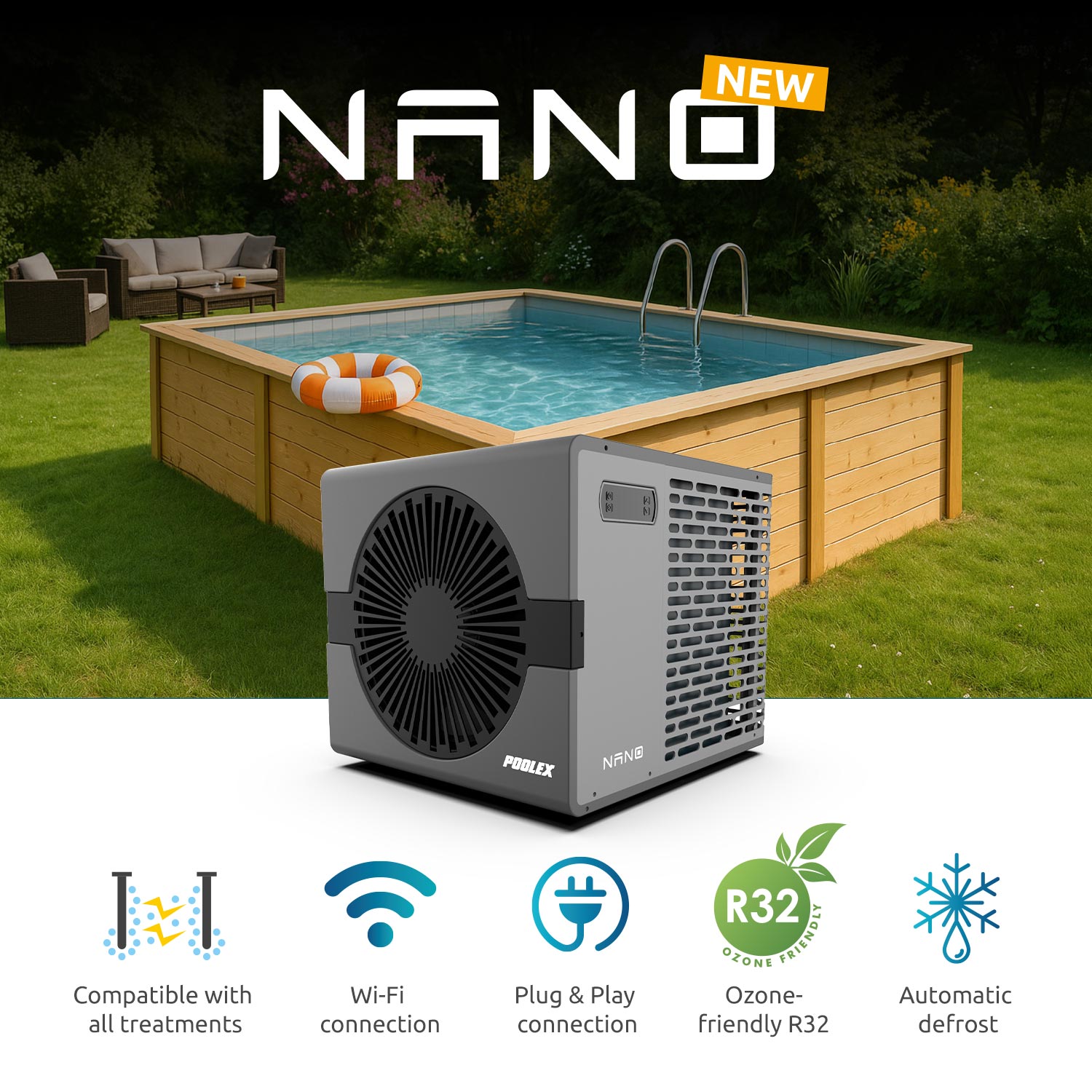 Poolex Nano Ultra Compact Heat Pump with Wi-Fi for Above-Ground Swimming Pools